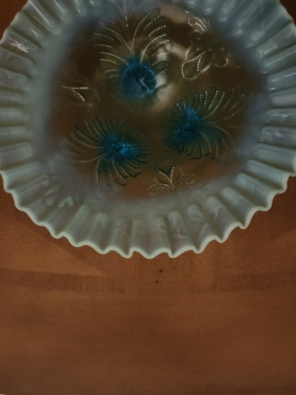 Antique Northwood Blue Opalescent Feather and Mum Footed Bowl - Picture 2 of 5